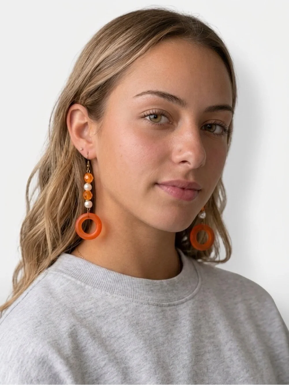 Orange Bead & Pearl Drop Earrings